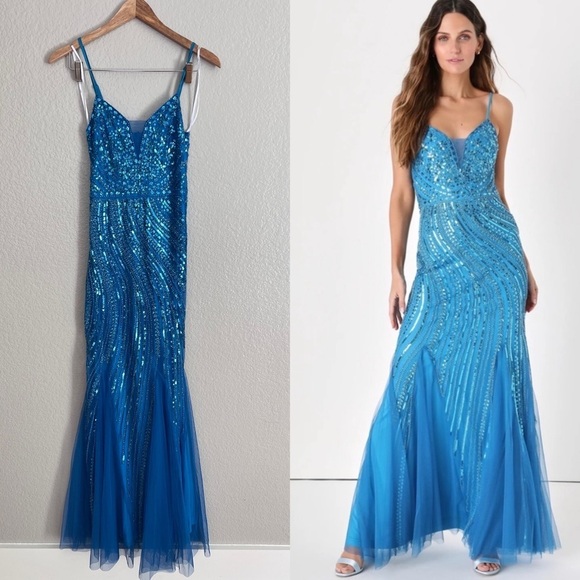 Enchanted Nights Blue Sequin Mermaid Maxi Dress - Picture 1 of 8